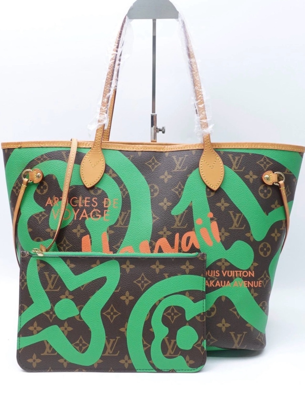 Louis Vuitton Monogram Resort Hawaii Neverfull MM Green Pouch Set Pristine Exc